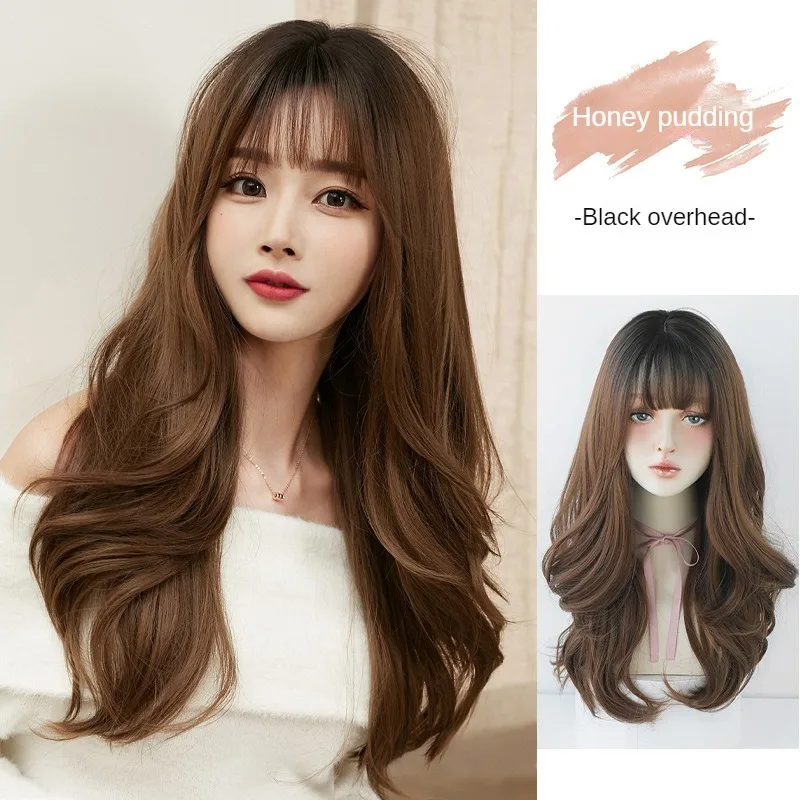 

24 Inch long brown wig with bangs Curly Wigs Natural Looking Synthetic Heat Resistant Fiber Wig Hair for Women Party Daily Use