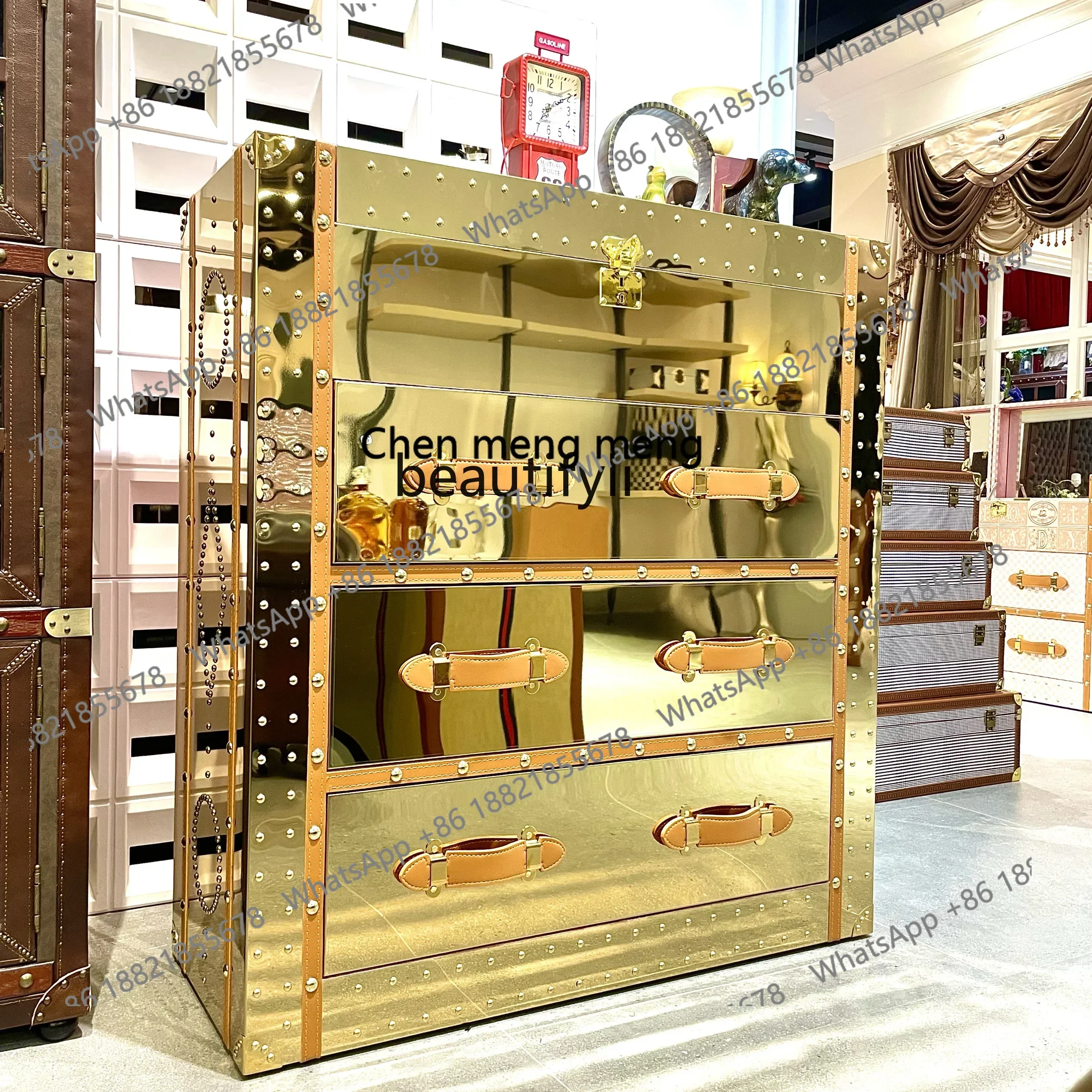 

Новое поступление, светлый роскошный золотой 8-каратный зеркальный ящик, нагрудный шкаф, боковой шкаф, входной шкаф, витрина