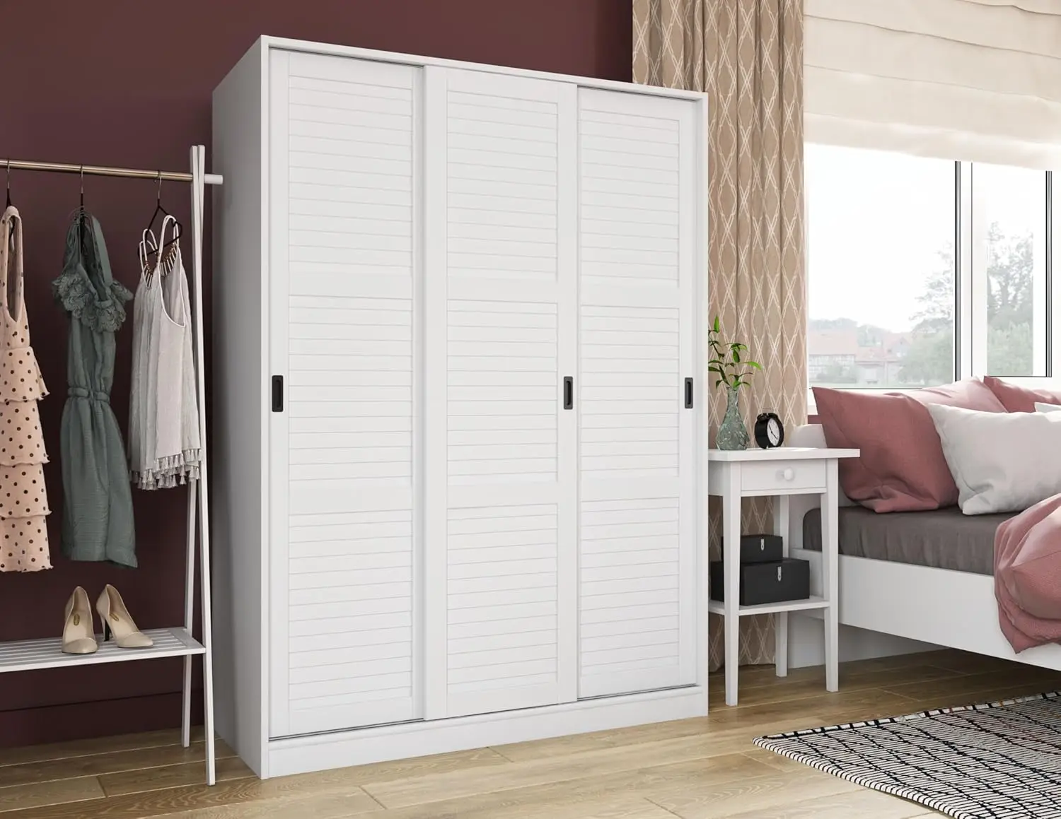 100% Solid Wood Wardrobe with 3 Louvered Sliding Doors 5 Shelves Included 52