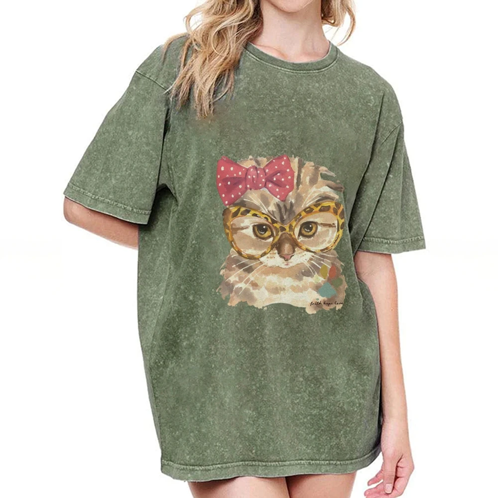 

Summer Stylish Simple and Stylish Printed Short-sleeved T-shirts Cute Cat Print T-shirt 100% Cotton High quality Short Sleeve