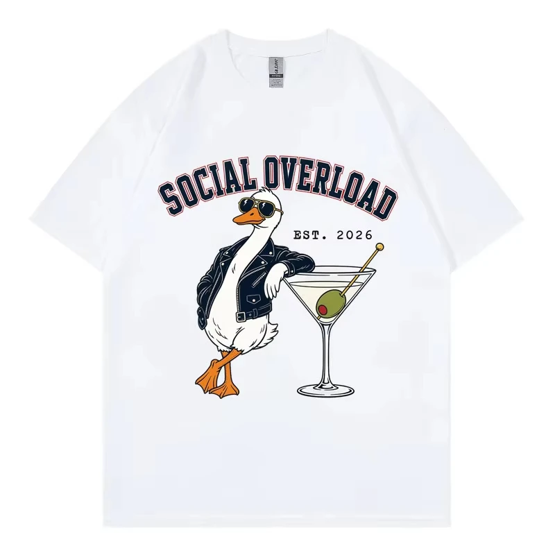 Social Overload Funny Goose Meme T-shirts High Street Fashion Trend Short Sleeve T Shirt Men Women Casual Cotton Summer T-shirt