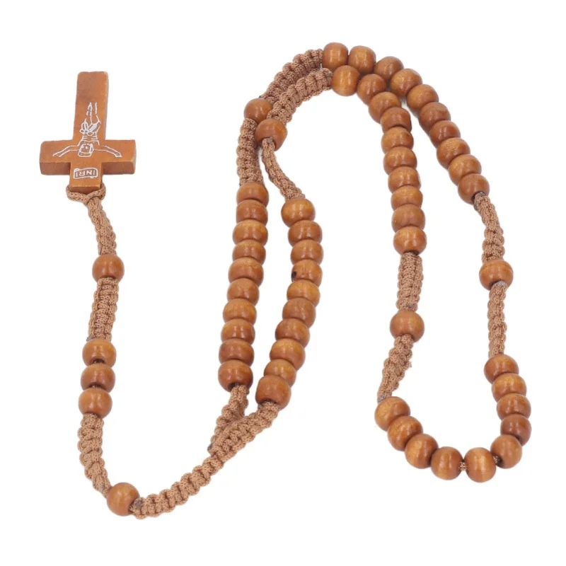 10pcs Wooden Rosary Jesus Imprint Catholic Unisex Style Natural Wooden Bead Cross Rosary Necklace Jewelry For Men Women Light