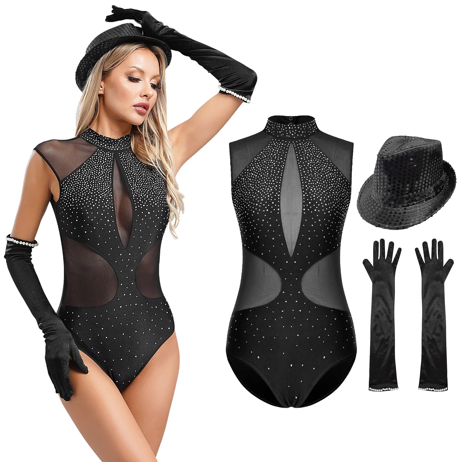 Women Jazz Ballroom Tap Dance Costume Outfit Sleeveless Mesh Patchwork Leotard Cutout Back Bodysuit with Gloves and Sequins Hat