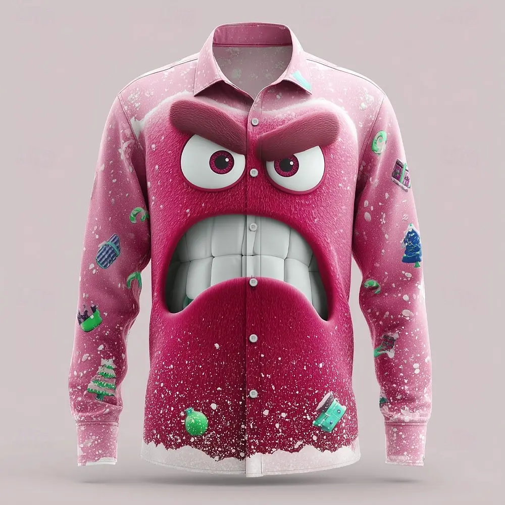 Men's Long Sleeve Shirt 2025 Christmas Men's 3D Cartoon Snowflake Funny Face Shirts Casaul Streetwear Comfort Slim Fit Shirts