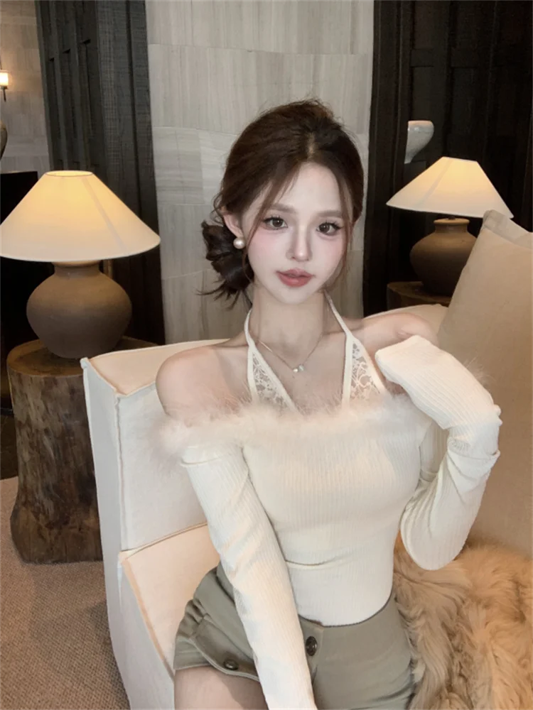 Fashion Celebrity Women Fairy Knitted Tops Long Sleeves Slash Neck Halter Fake Two Piece Sweater Sexy Slim Pulls Shirt