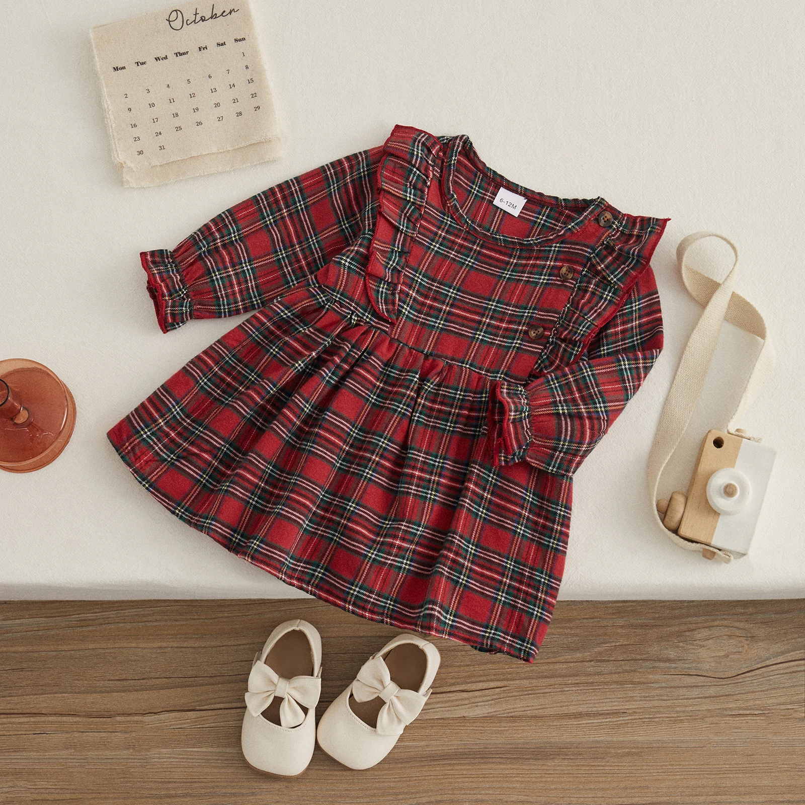 VISgogo Baby Girls Christmas Dress Autumn Casual A-line Dress Long Sleeve Crewneck Ruffle Decor Button Plaid Xmas Party Dress