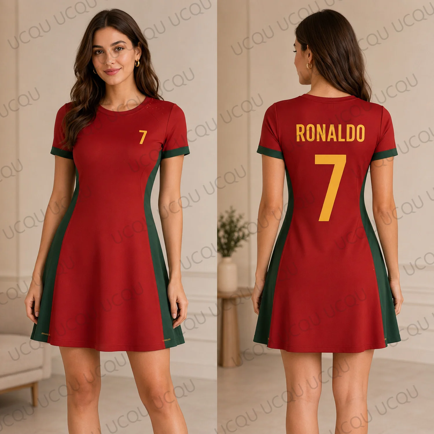 Women Football Jersey Dress Ronaldo Inspired Red Green Soccer Shirt Dress Number 7 Summer Casual Outfit