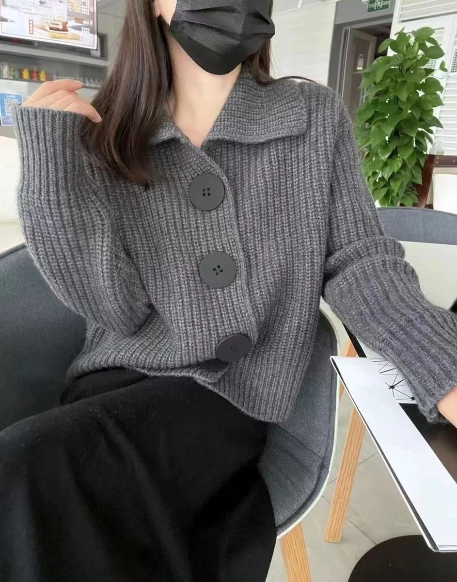 Women\'s Chunky Knit Cardigan Jacket Big Button Collared Soft Woolen Rib-knit Sweater Autumn Winter Outfit