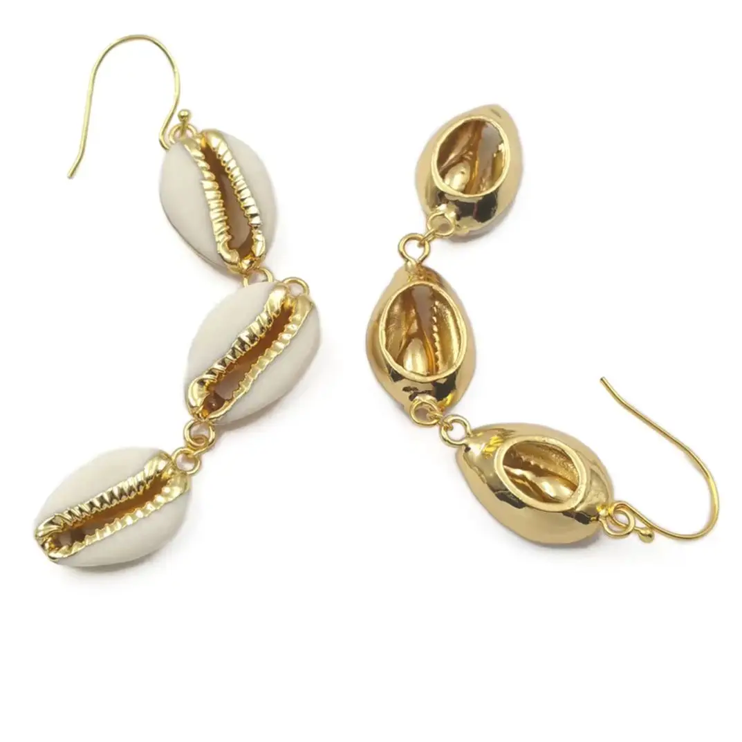 WT-E519 Triple Cowrie Shell Earring Design With 18k Gold Electroplated Earring Beach Jewelry For Special Gifts