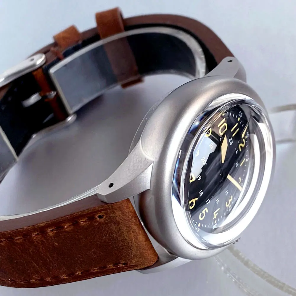 Tandorio preto 36mm estilo piloto NH35 PT5000 vidro de safira com cúpula dupla Senhora Homens Relógio Automático Luminoso 20ATM couro