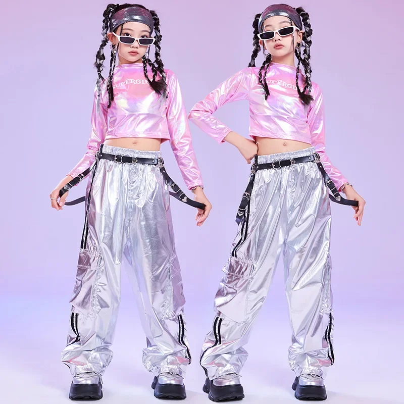 Mädchen Hip Hop Tanzkostüm Kinder Rosa Laser Crop Top Silber Cargohose für Kinder Jazz Street Performance Kleidung