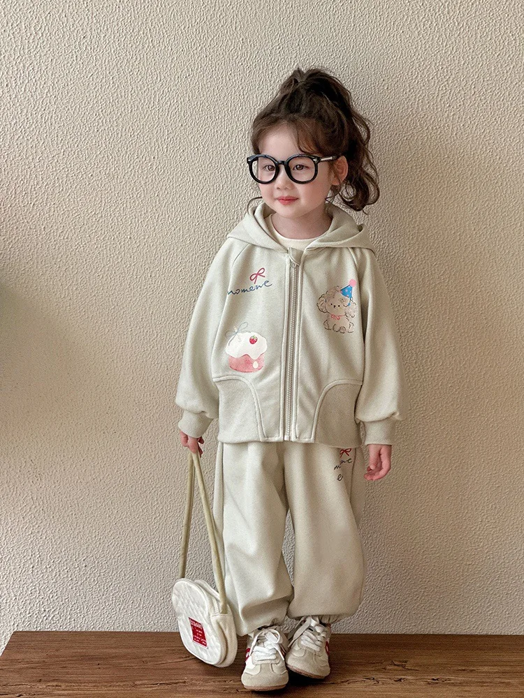 

Cute Baby Girls Cartoon Print Hooded Jacket 2Pcs Set Spring Autumn Casual Sport Zipper Jacket Pants Suits Girls Clothes