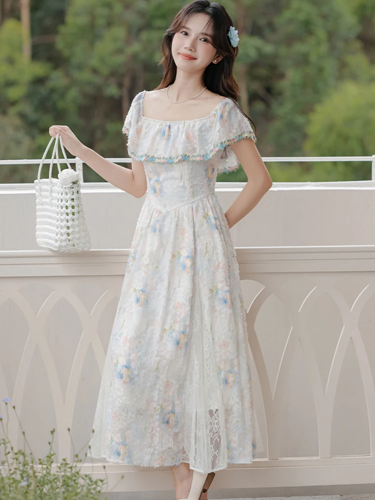 2025 Boho Floral Chic Ruffledหน้าอกห่อชุดฤดูร้อนElegant Bodycon A-Lineชุดยาวผู้หญิงใหม่เกาหลีแฟชั่นพรหมชุด