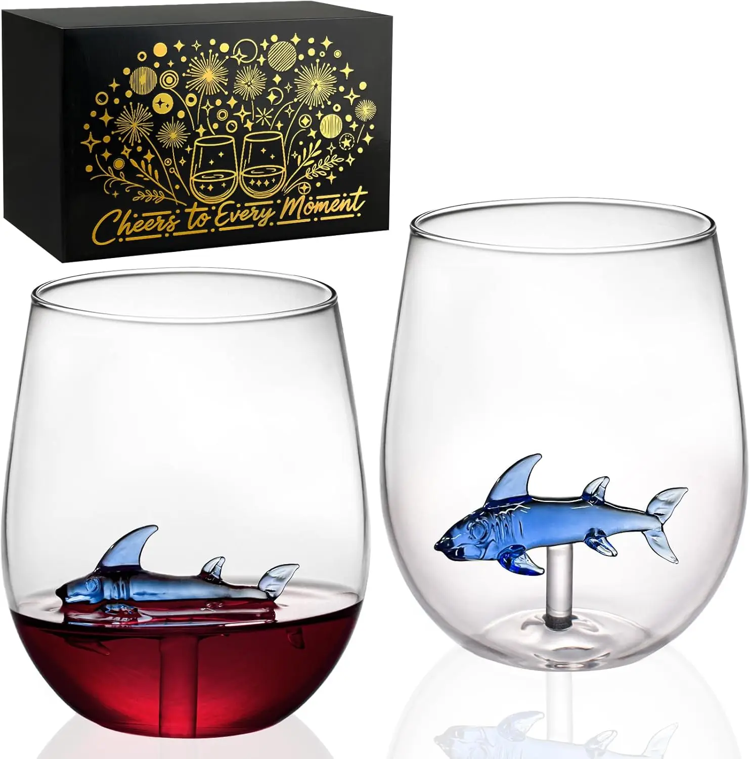 

Handcrafted Shark Wine Glass - Personalized Set of 2 with 3D Sharks Inside - Red Wine Glasses - Unique Shark Lover Gifts