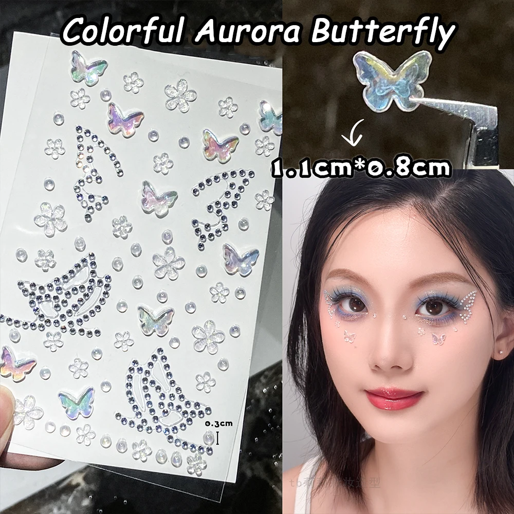 1pcs Colorful Aurora Butterfly 3D Diamond Stickers Face Gems Kawaii Flowers Crystal Face Paste Stage Makeup Rhinestones Jewelry-