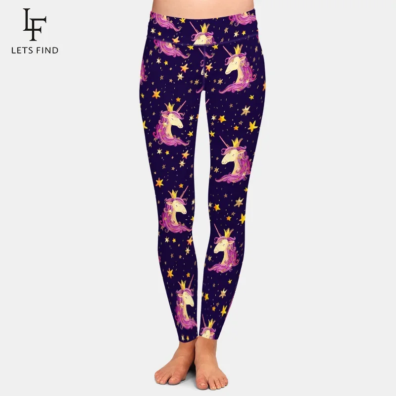 LETSFIND Push Up Leggings แฟชั่น3D ยูนิคอร์นและดาวพิมพ์สูงเอวผ้าไหมพิมพ์ผู้หญิง Leggings สบาย