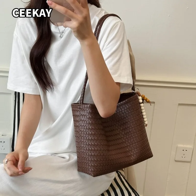 CEEKAY Minimal Grid Embossed PU Shoulder Hobo Bag Dual Carry Woven PU Handle Color Bead Ornament Girls Multi-use Fresh Daily