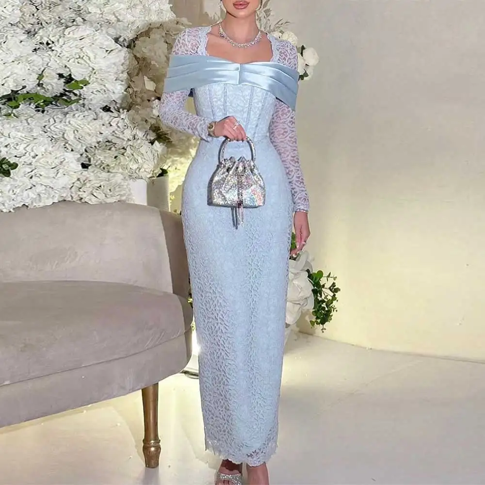 Customized Lace Prom Gown Women's Long Sleeved Scoop Neck Patchwork Tea-Length Modern Sexy Party Evening Dresses فساتين للحفلات