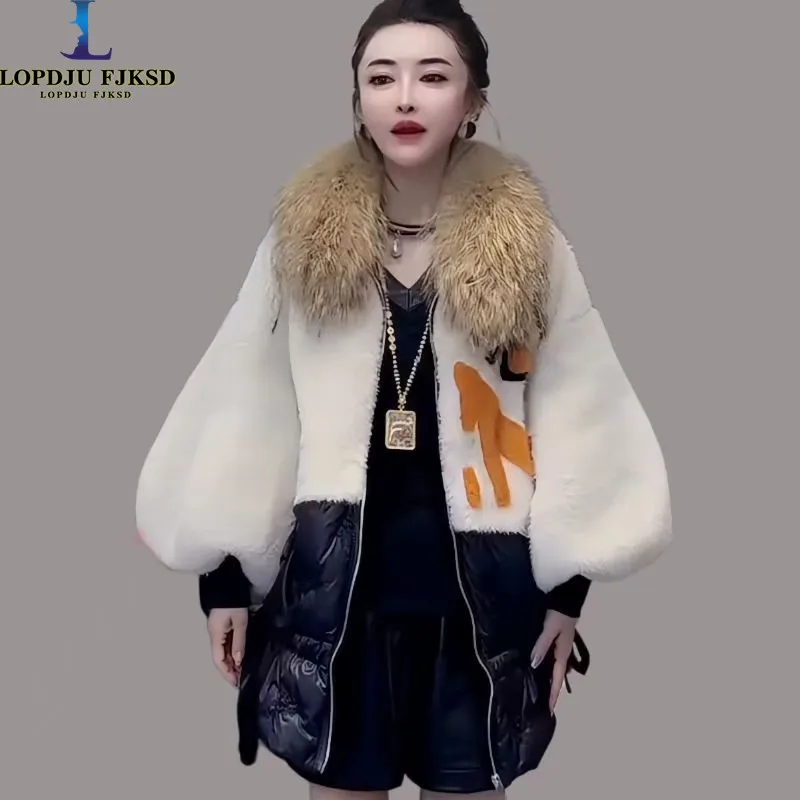 

Faux Fur Coats for Women,Spliced Jacket,Thicken Warm Female Clothes,Faux Raccoon Dog Fur Collar,High Quality,Winter,New