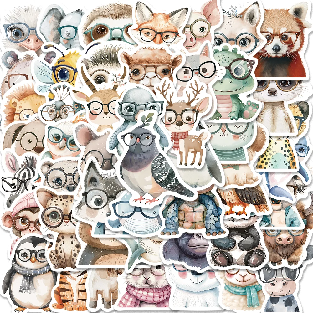 

50pcs Cartoon Funny Animals with Glasses Stickers for Envelope Diary Guitar Phone Case Scrapbooking Stationery Waterproof Decal