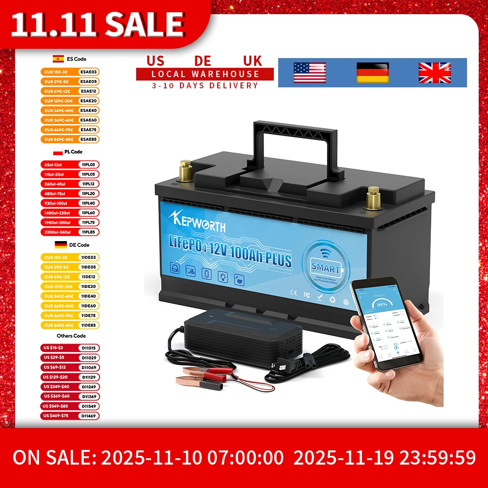 KEPWORTH Batterie LiFePO4 12 V 100 Ah, BMS Bluetooth intégré 100 A, remplacement parfait pour les batteries au plomb pour les caravanes