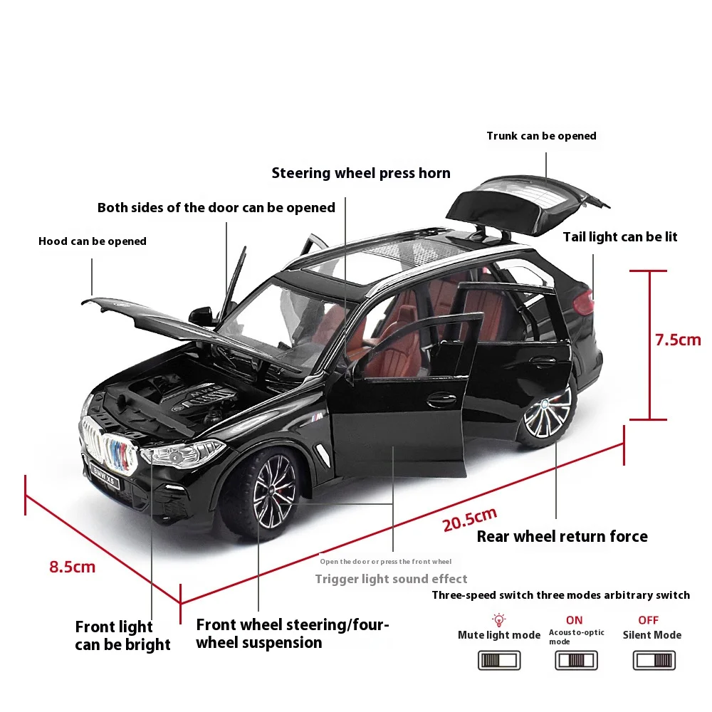 1:24 pressofuso in lega dell'auto modello di simulazione X5, auto giocattolo con suono e luce regalo per bambini, ornamenti della collezione SUV Car Boy
