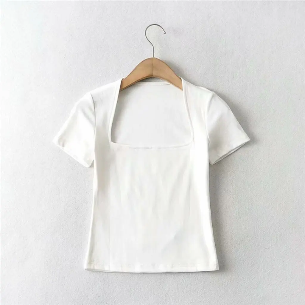 

YPFF Women's Retro Square Collar Solid Color Slim-fit T-shirt Short High Waist Navel-exposed Summer Top European American Style