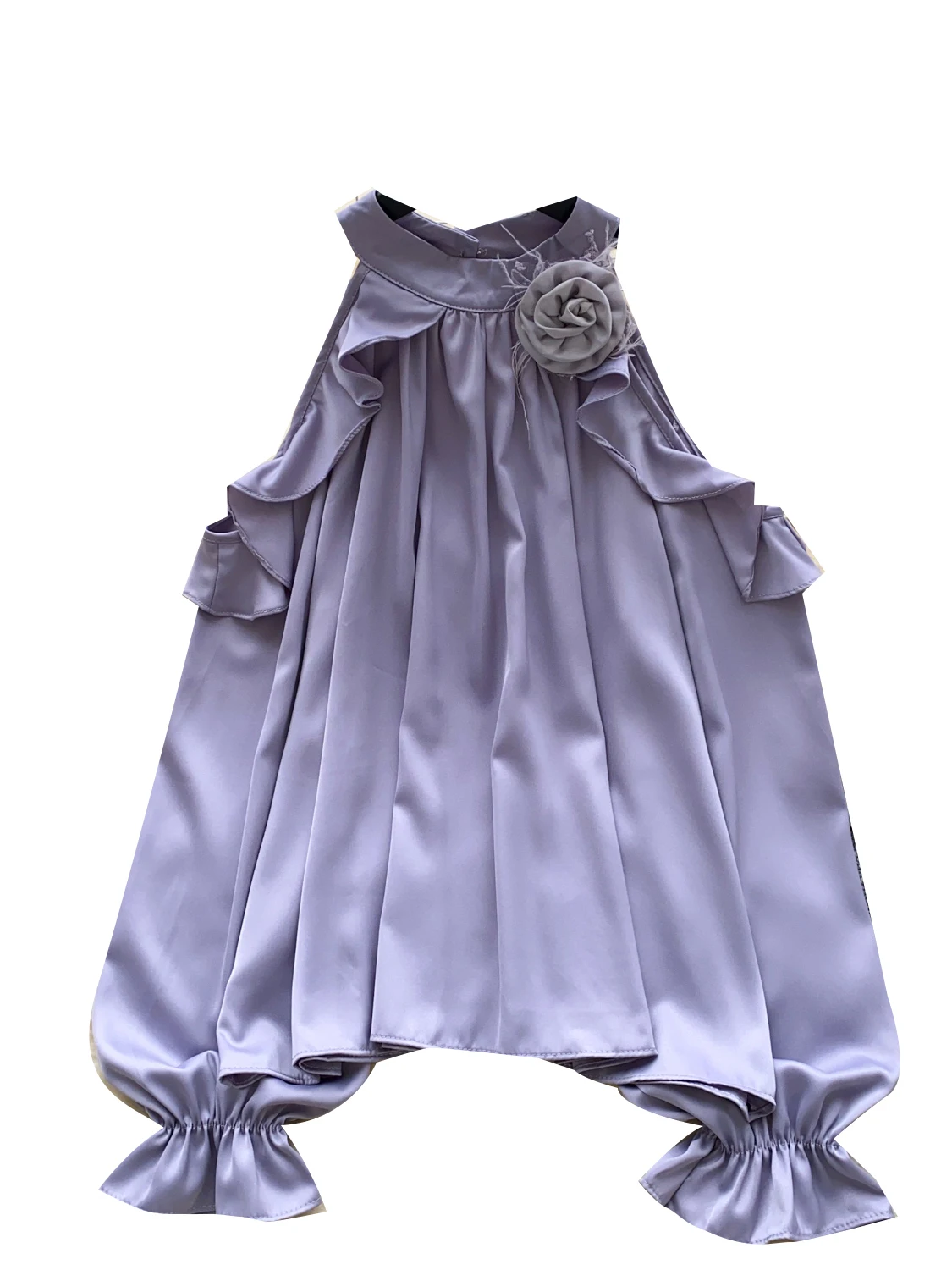 E Csa de Satén de Manga Larga para Mujer, Estilo Coreano, Hoada, con Hombros Descubiertos, Color Puro, con Botones