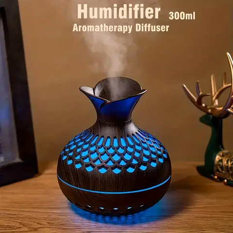 300ml 나무 꽃병 다채로운 빛 쿨 안개 공기 가습기 아로마 테라피 에센셜 오일 디퓨저 usb 미니 Humidificador