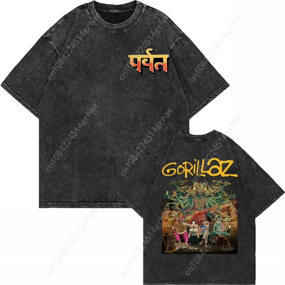 100% Cotton Vintage Washed Gorillaz The Mountain T Shirt Fashion Men/Women Aesthetic Retro Oversized Loose Acid Wash Tees Shirts