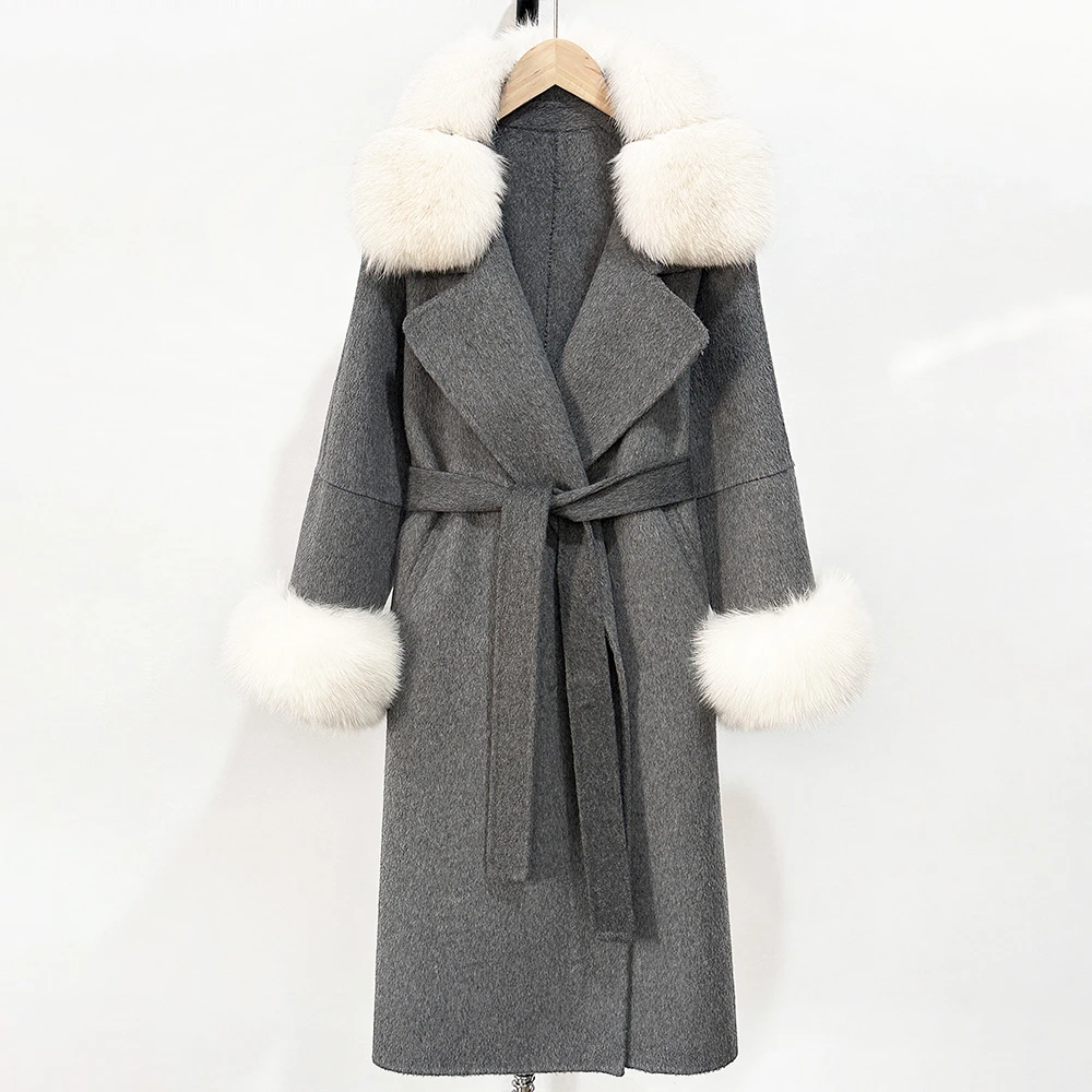 OFTBUY Langer, warmer, eleganter Wintermantel mit Gürtel, neue Damen-Doppelmantel aus Wolle mit echtem Fuchsfellkragen und -manschetten – Detail 21