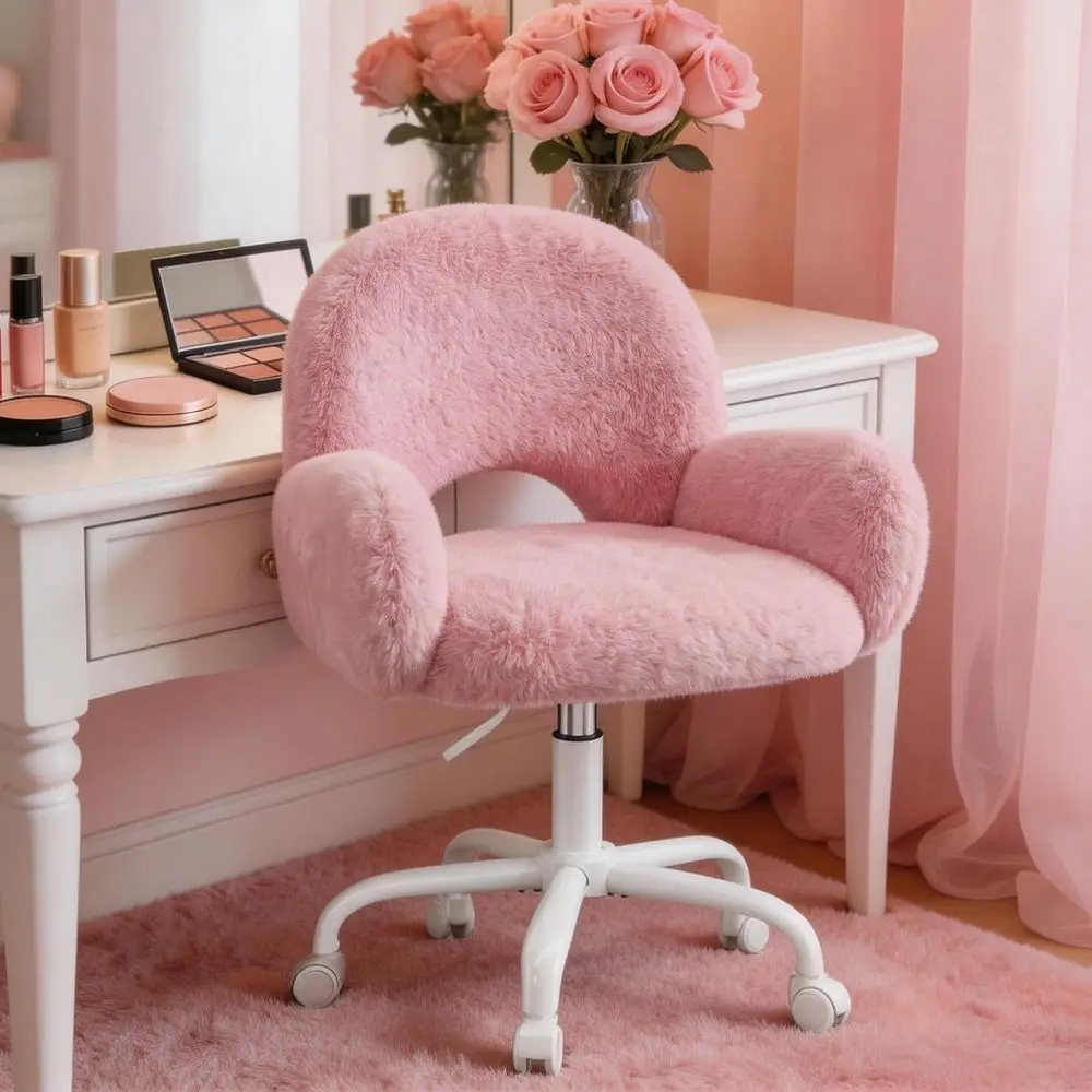 

Round Back Swivel Desk Chair with Arms and Wheels, Pink, Suitable for Office, Makeup Room, Bedroom, Height Adjustable