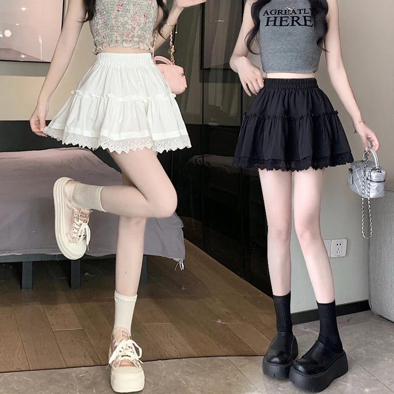 White Lace Pleated Skirt Women Japanese Kawaii Clothing Lace Patchwork Cake Mini Skirts 2024 Summer New Beach Style A-line Saias