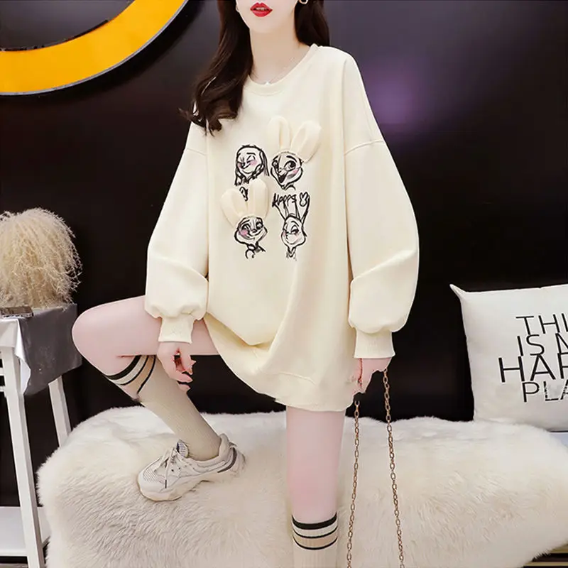 Minimal Design Sense Sweatshirts Women Early Spring 2023 Loose Rabbit Embroidery Small Versatile O Neck Sweatshirt Female Top