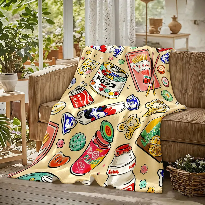 Japanese Snacks Beige Flannel Blanket Perfect for Sofa Office Bed Travel Sleep Read Relax Camping Four Season Use