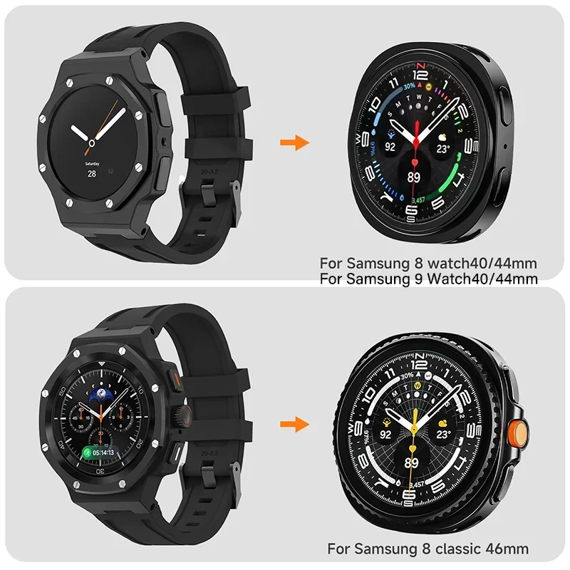 2-IN-1 Metal Case+Silicone Strap for Samsung Galaxy Watch 9/8 44mm Protective Case for Watch 8Classic 46mm Sports Bracelet Band