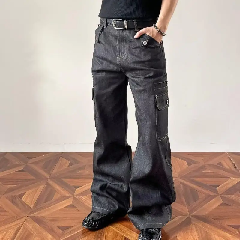 Men's Multi Pocket Design Black Jeans Casual Pants Street Boys Bottom High Waist Unisex Trousers Male Wide Legs Sweatpants