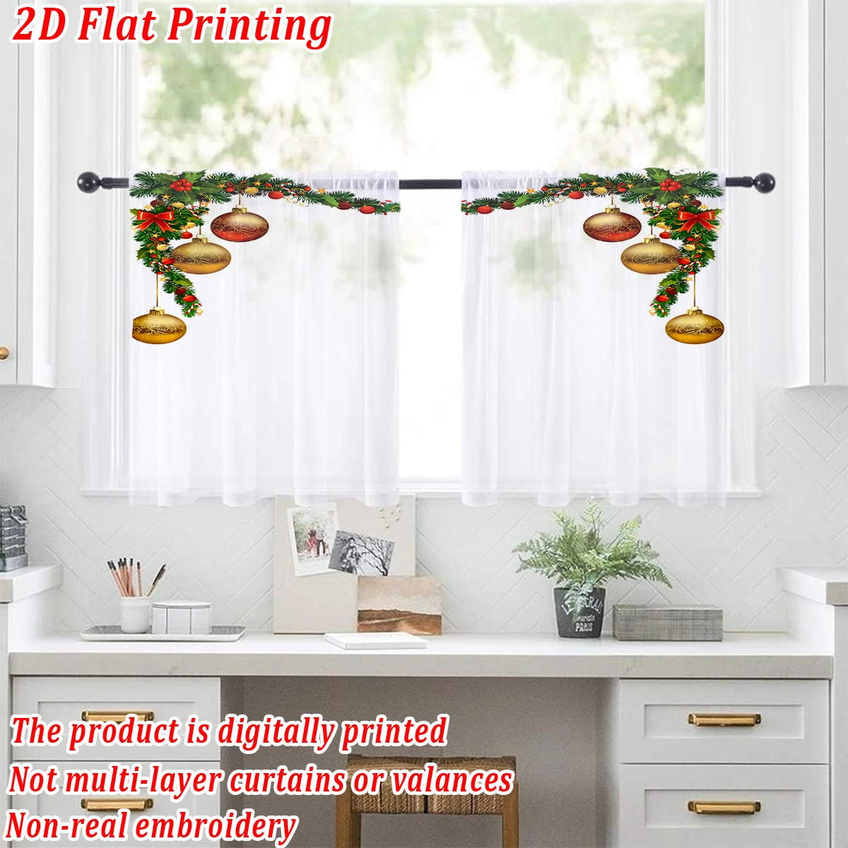 ستارة شفافة للمطبخ بطباعة مسطحة لعيد الميلاد مع زينة فرع كرة الصنوبر لعيد الميلاد وحفلات ديكور المنزل