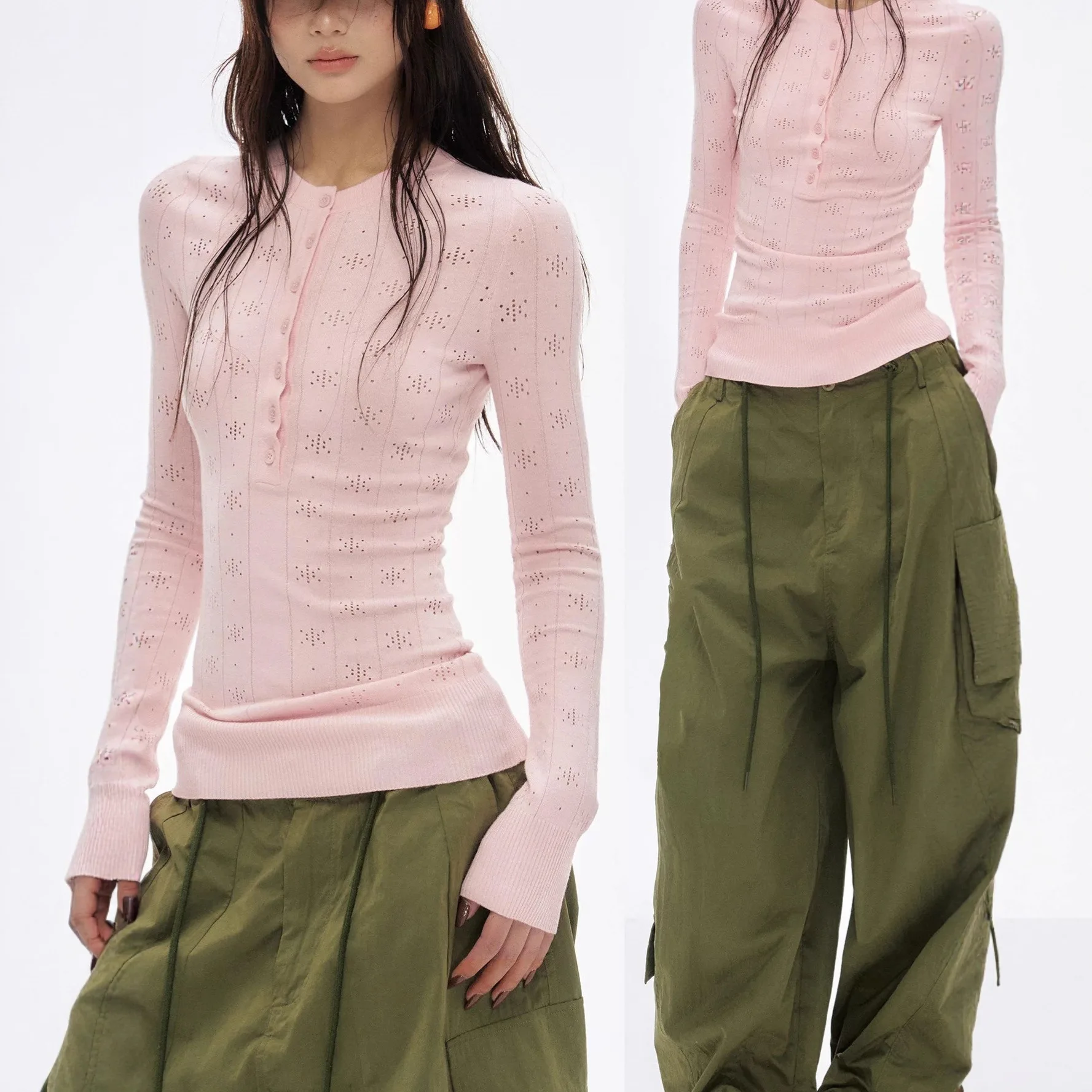 

Women Base Layer 2025 Autumn Sexy Knitwear Henley Neck Hollow Out Slim Fit Long Sleeve T-shrit Autumn Inner Top