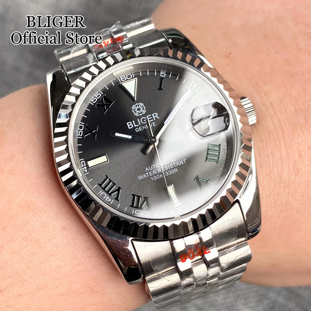 Bligger-男性用高級自動時計,grey dial,ダークグリーン,ローマ数字,ステンレススチールストラップ,サファイアガラス,nh35a,36mm, 39mm