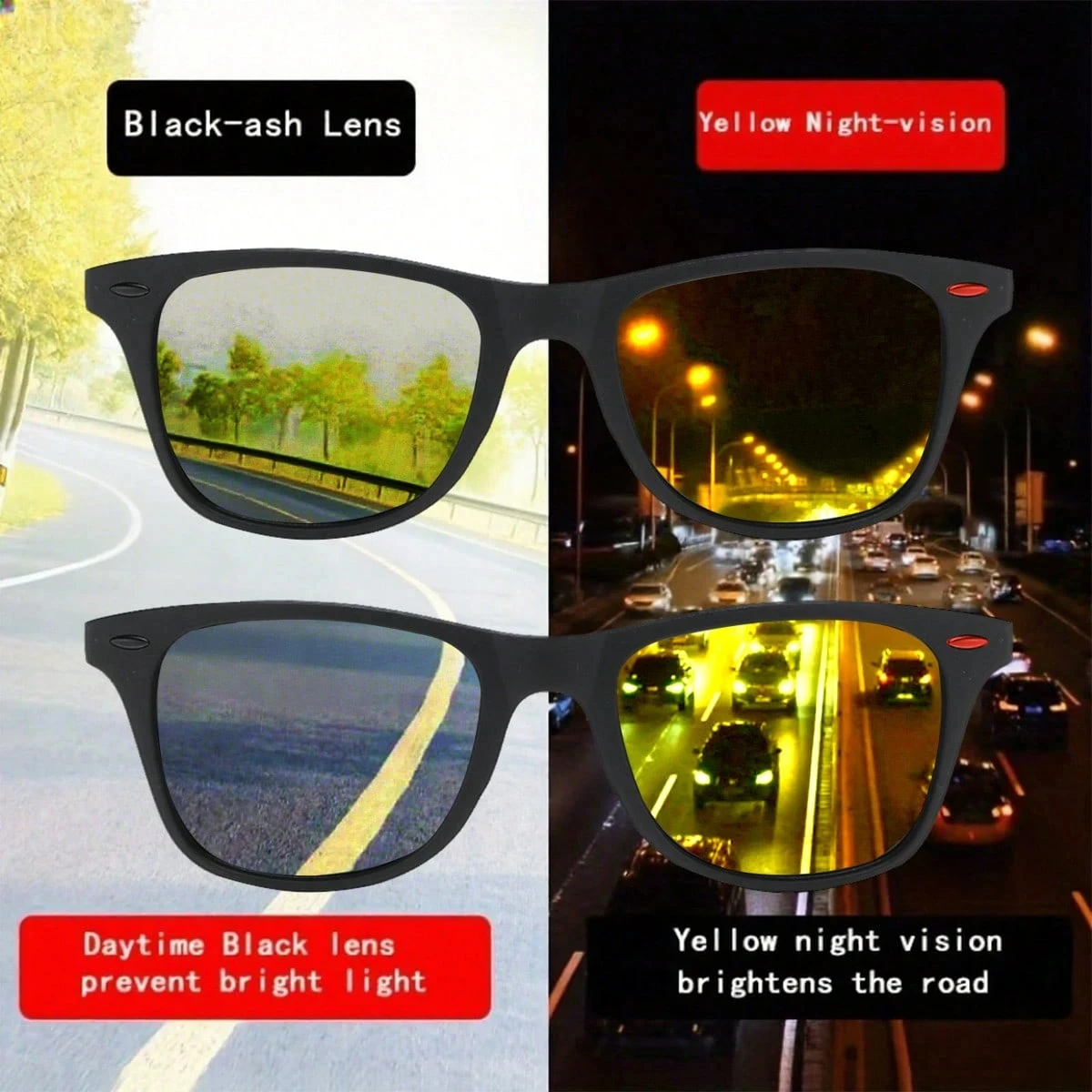 2PCS Night Vision Glasses PC Frame Polarized Sunglasses Men Outdoor Sport Driving Fishing Beach Day Night Driver Goggles