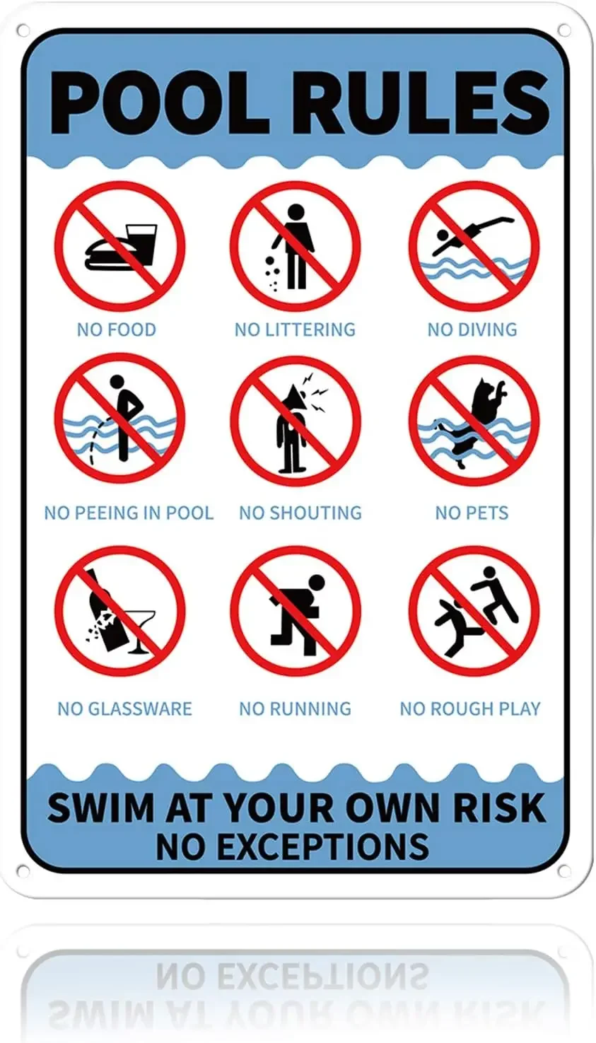 GLOBLELAND 8x12inch Pool Rules Swim at Your Own Risk No Exceptions Tin Sign Swimming Warning Tin Sign 35 Mil Aluminum Warni s