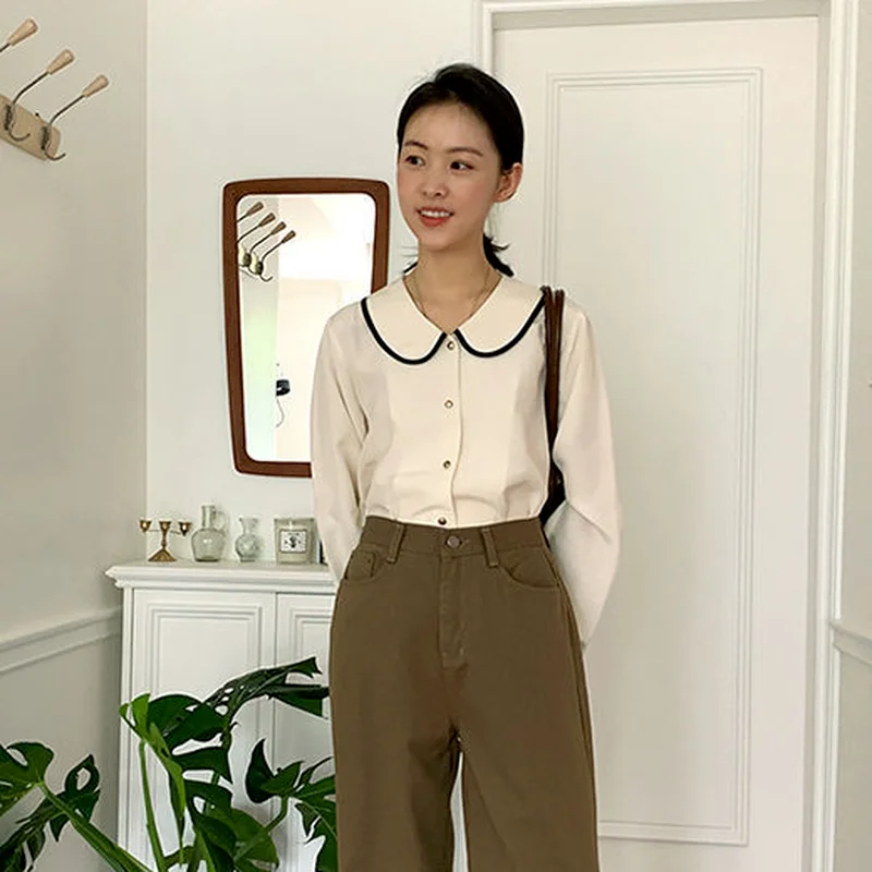 

Абрикосовые рубашки женские простые Ulzzang ретро элегантный дизайн с воротником «Питер Пэн» милые свободные универсальные весенние новые топы для отдыха для девочек