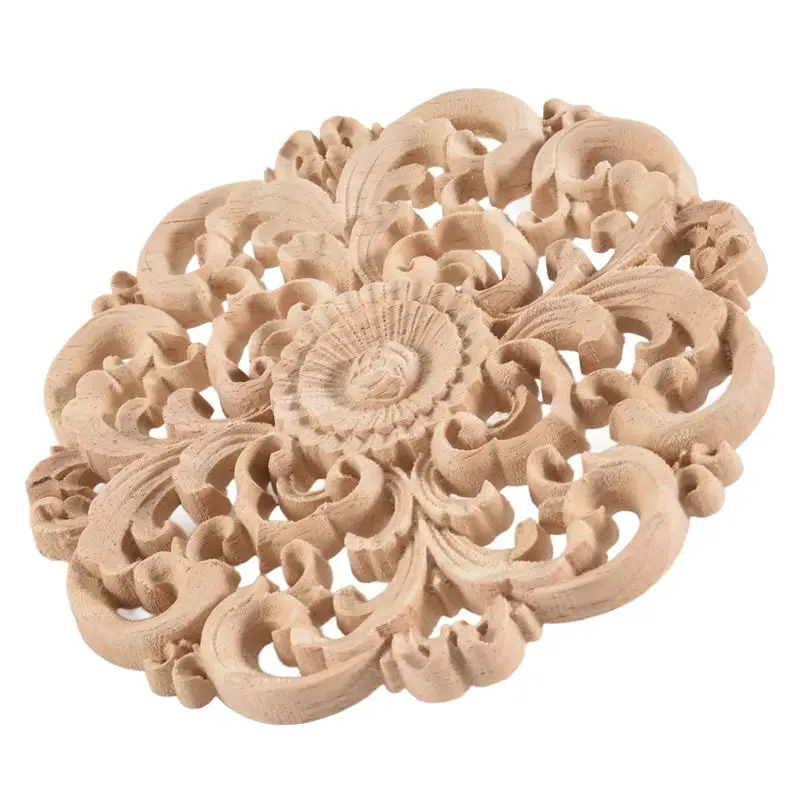 AT02-Rubber Wood Carved Long Applique Unpainted Flower Walls Cabinets Door Decor Wood Color
