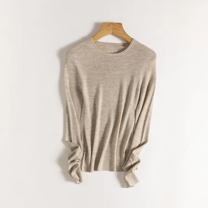 Birdtree Machine Washable 18G 100% Sheep Wool Seamless Thin Sweater, Women Round Collar Long Sleeve,Knit Tops,Autumn T4N333JC