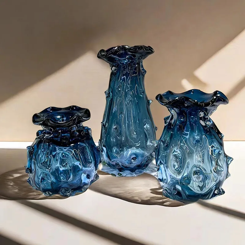 cx Blue Glass Vase Wave Creases Flower Arrangement Hydroponic Accessories Terrarium Flowerpot Home Decoration Accessories