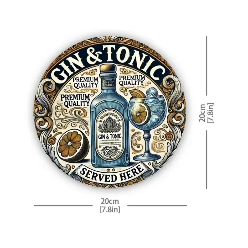 جين فينتاج برو ™   لوحة صفائح حديد عتيقة - علامة دائرية من الألومنيوم "GIN Tonic خدم هنا"، ديكور منزلي ريفي متين