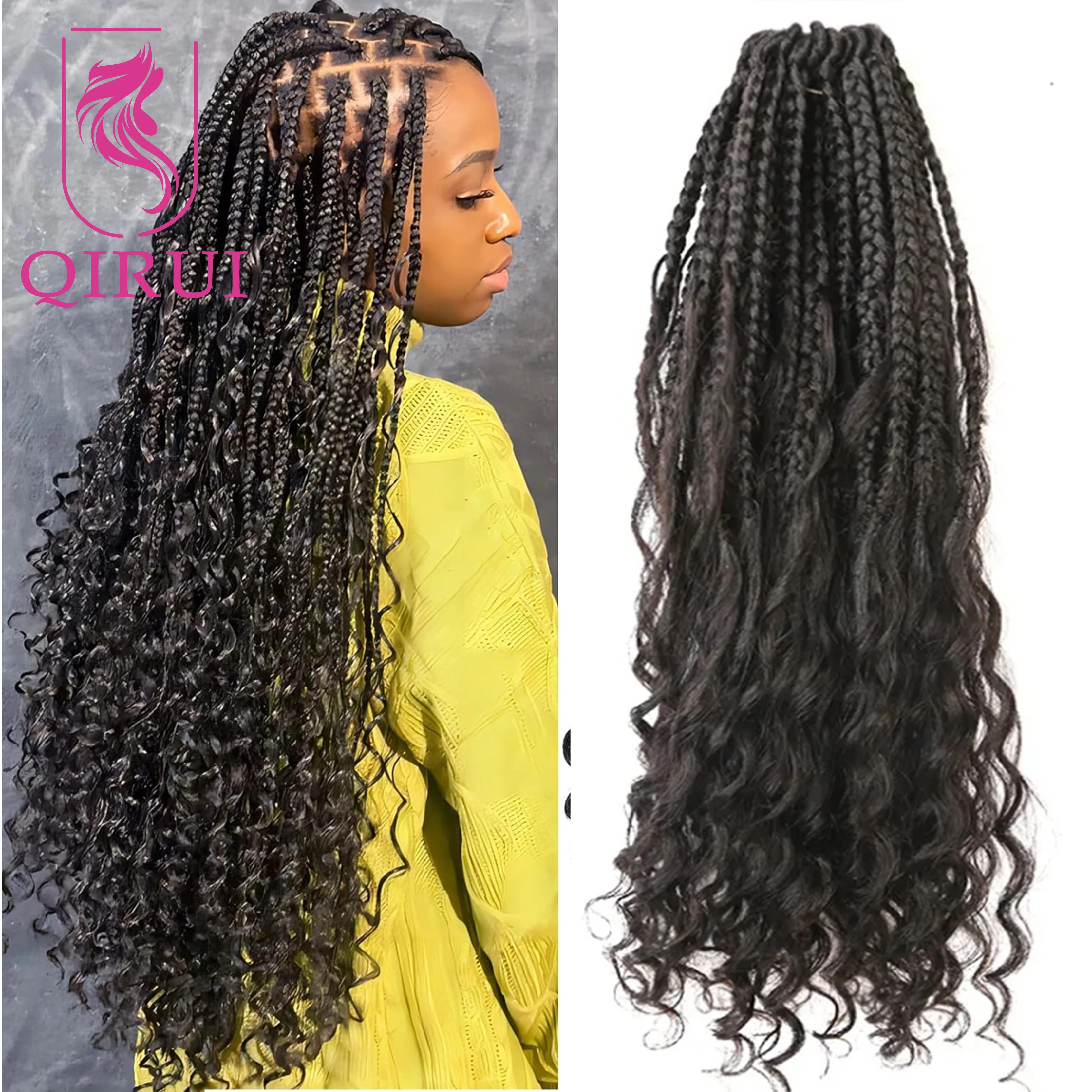 

Crochet Boho Box Braids With Human Hair Curls Pre-looped Synthetic Braid With Human Hair Curls Braiding Hair Extensions Natural