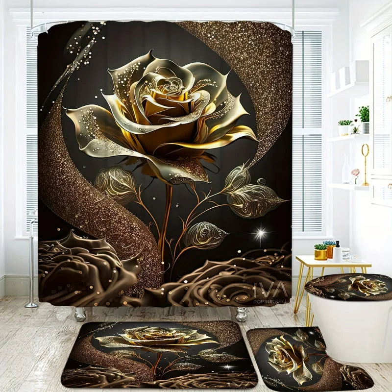 4pcs Golden Rose Printed Shower Curtain Set, Waterproof Shower Curtain With 12 Hooks, Non-Slip Rug, Toilet Lid Cover Pad And U-s