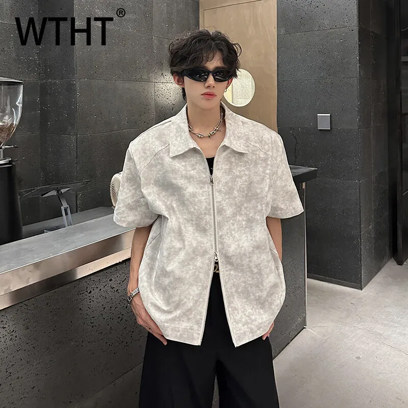 

WTHT модные мужские рубашки Tie Dye Do Old с подплечниками, повседневные рубашки, модные летние рубашки с отложным воротником 2024, мужские топы с двойной молнией 2A1076
